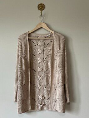 Pink Rose Lace Up Knit Sweater Small Beige Boho Chunky Cottagecore Pullover